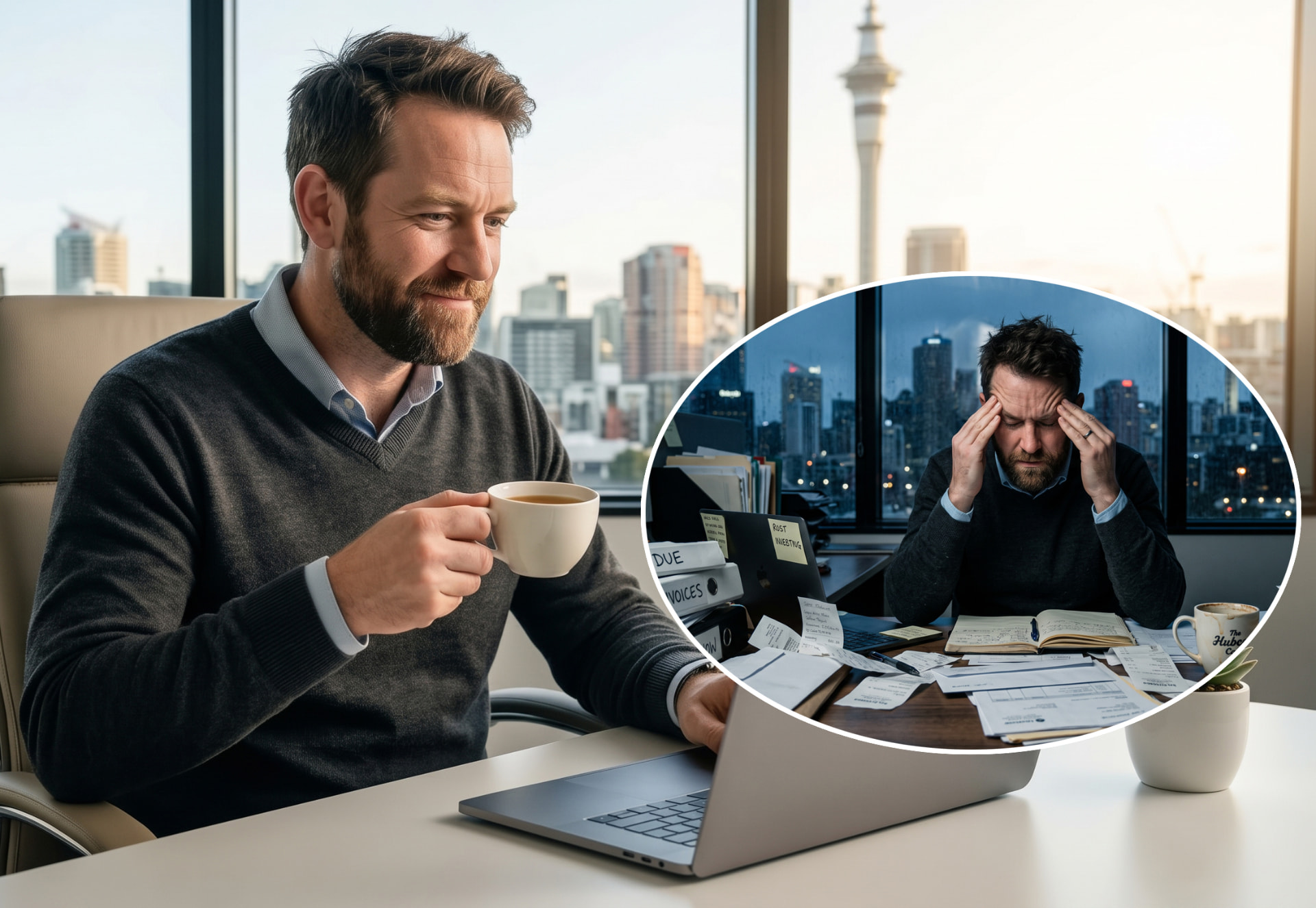 New Zealand business professional reviewing invoices at his desk
